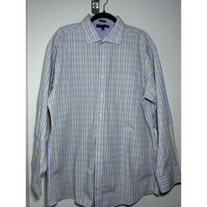 Tommy Hilfiger Dress Shirt Mens 17 1/2 34-35 Blue Green Plaid Long Sleeve Work